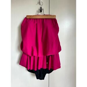 Vintage 80s Strapless One Piece Swimsuit Pink Size 16 Flattering Ruffle skirt